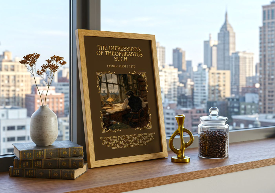 Impressions Of Theophrastus Such Minimalist Book Poster by G. Eliot – framed print on a city-view windowsill