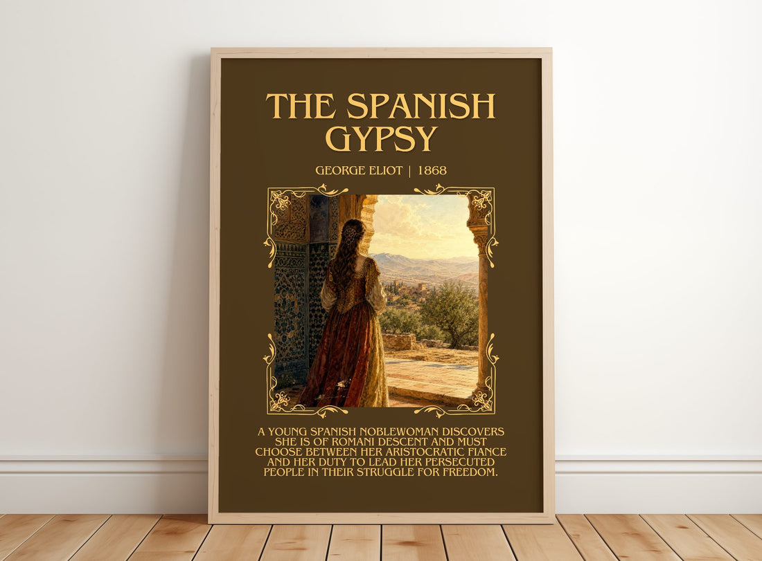 The Spanish Gypsy Minimalist Book Poster by George Eliot – framed print leaning on a wooden floor