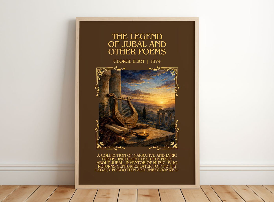 Legend Of Jubal And Other Poems Minimalist Book Poster by George Eliot – framed print leaning on a wooden floor