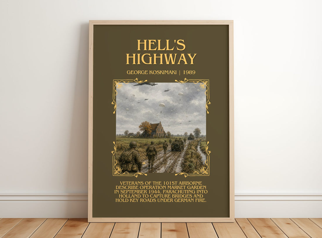 Hell'S Highway Minimalist Book Poster by George Koskimaki – framed print leaning on a wooden floor