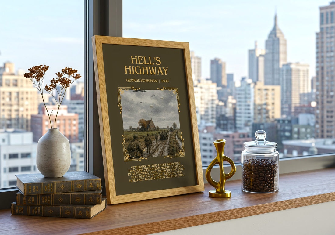 Hell'S Highway Minimalist Book Poster by George Koskimaki – framed print on a city-view windowsill