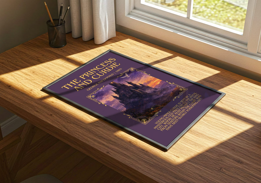 The Princess And Curdie Minimalist Book Poster by George Macdonald – print on a sunlit desk