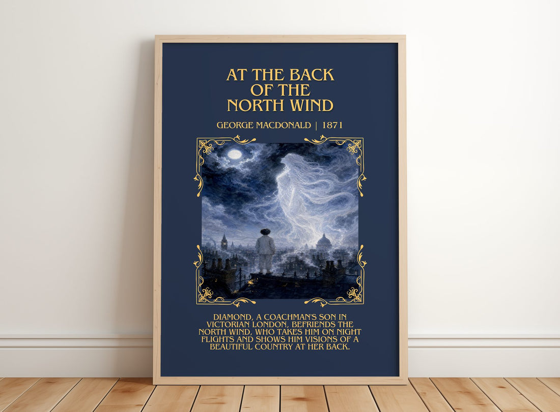 At The Back Of The North Wind Minimalist Book Poster by G. Macdonald – framed print leaning on a wooden floor
