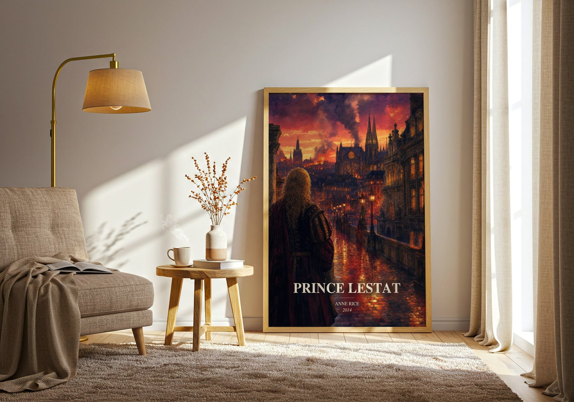 Prince Lestat watercolour print in frame leaning in hallway – horror wall art