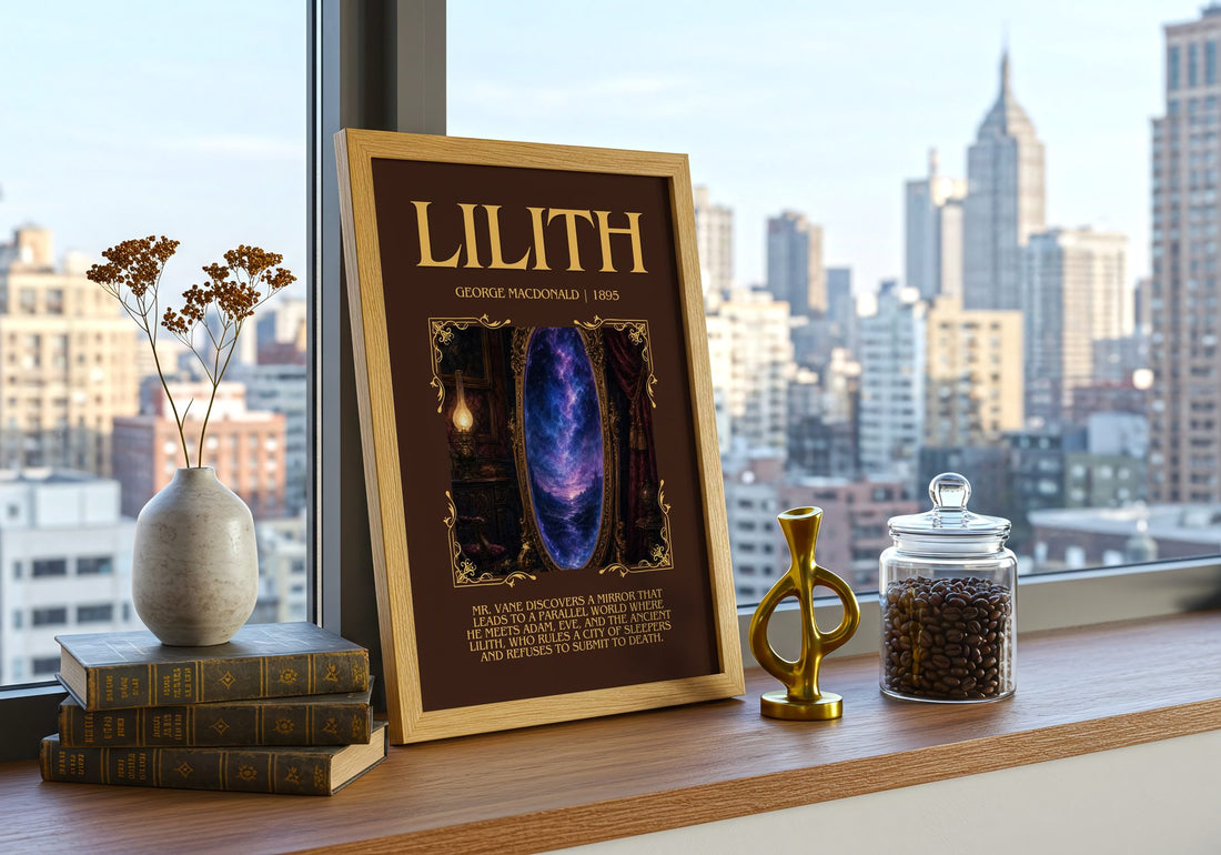 Lilith Minimalist Book Poster by George Macdonald – framed print on a city-view windowsill