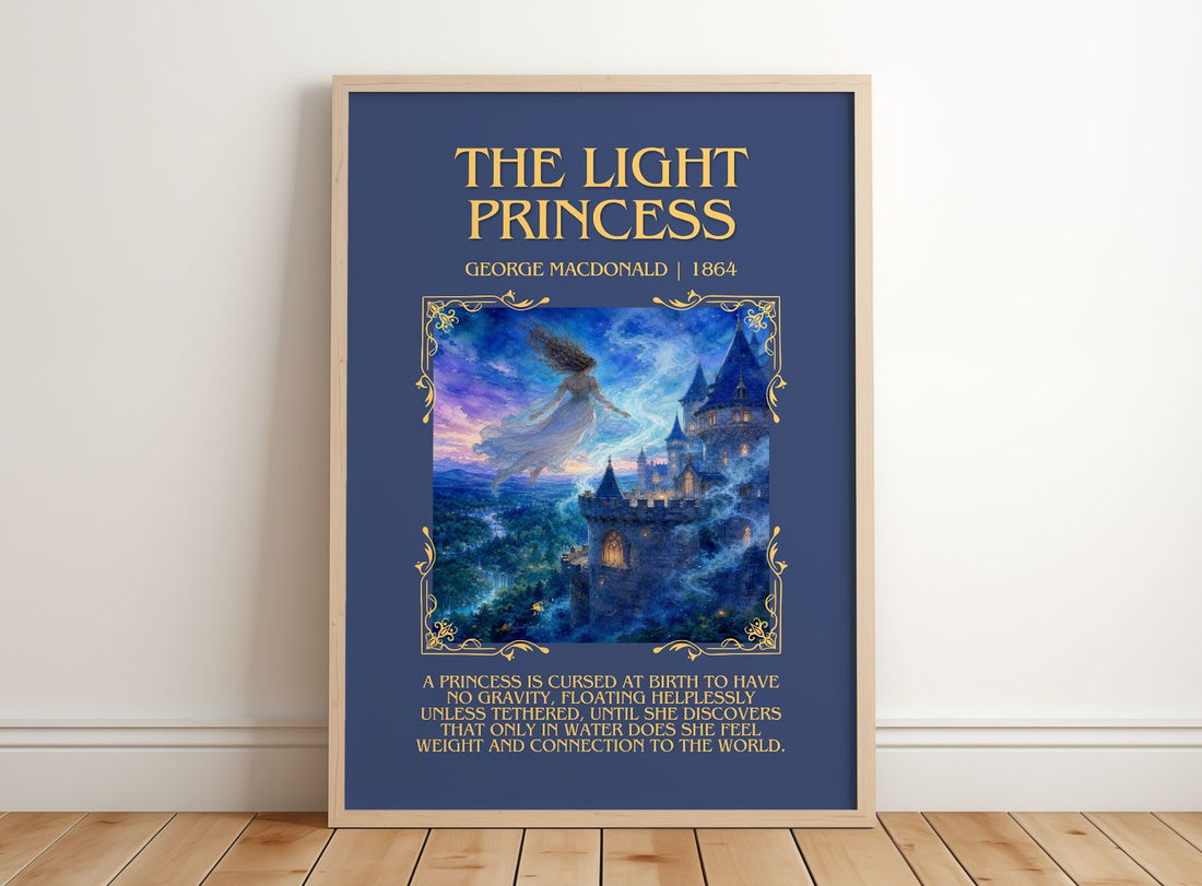 The Light Princess Minimalist Book Poster by George Macdonald – framed print leaning on a wooden floor