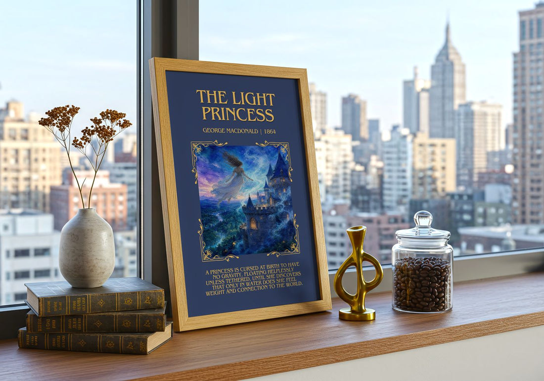 The Light Princess Minimalist Book Poster by George Macdonald – framed print on a city-view windowsill
