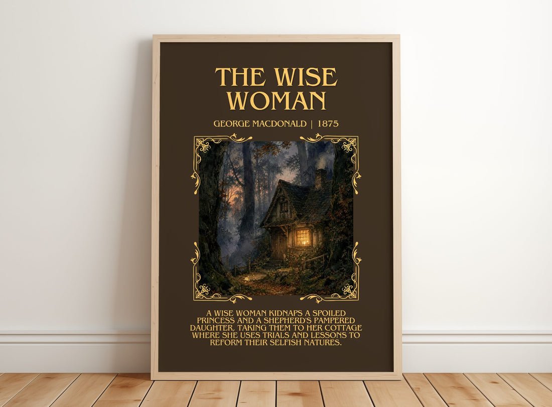 The Wise Woman Minimalist Book Poster by George Macdonald – framed print leaning on a wooden floor