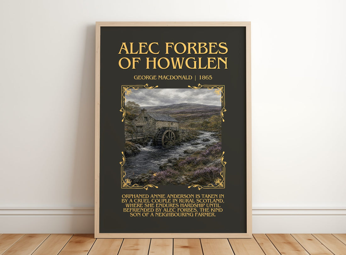 Alec Forbes Of Howglen Minimalist Book Poster by George Macdonald – framed print leaning on a wooden floor