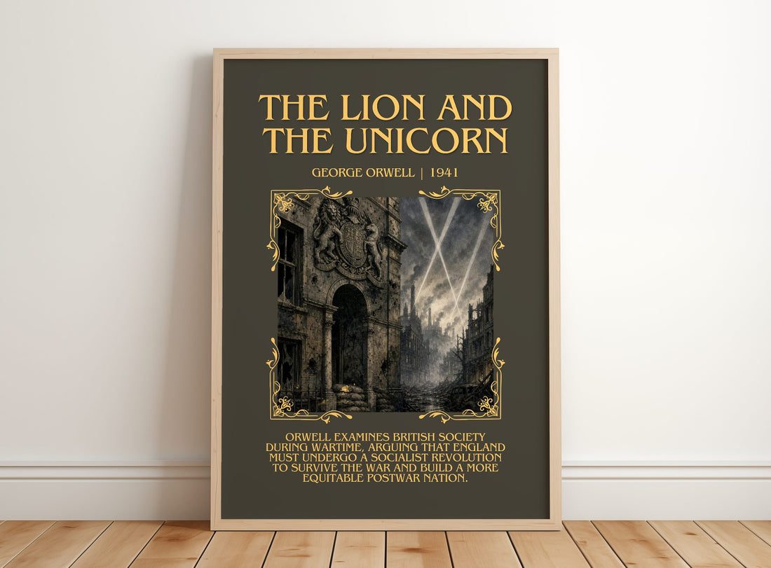 The Lion And The Unicorn Minimalist Book Poster by George Orwell – framed print leaning on a wooden floor