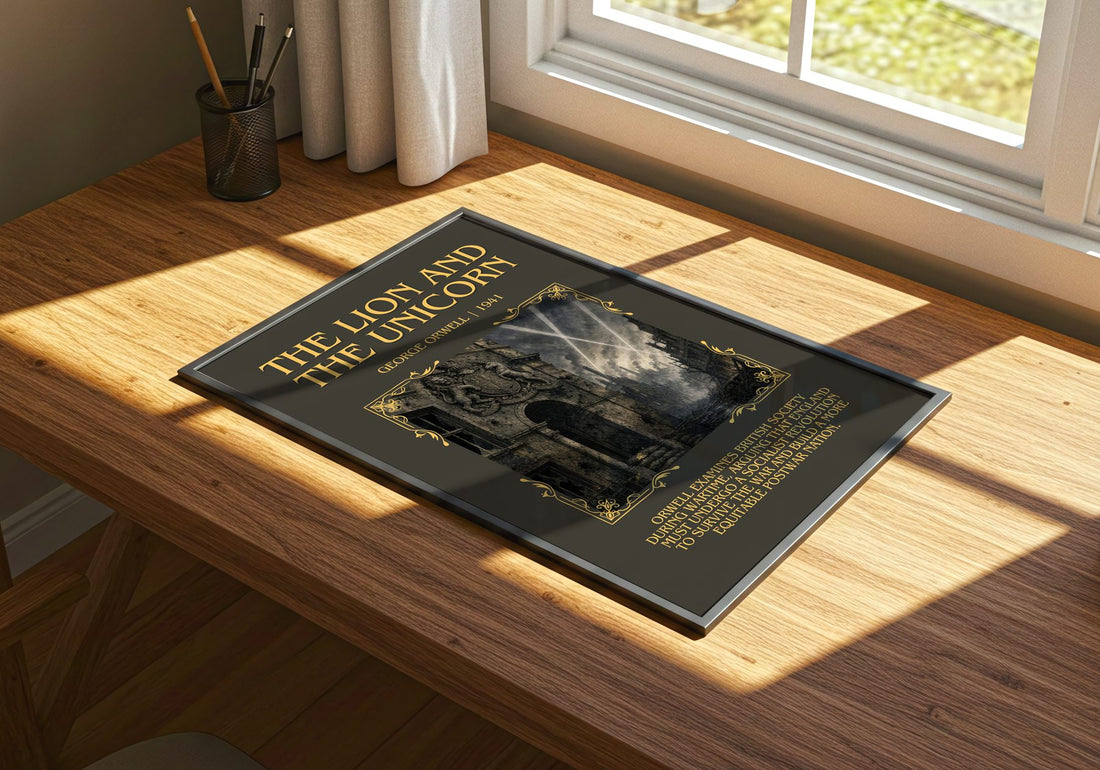 The Lion And The Unicorn Minimalist Book Poster by George Orwell – print on a sunlit desk