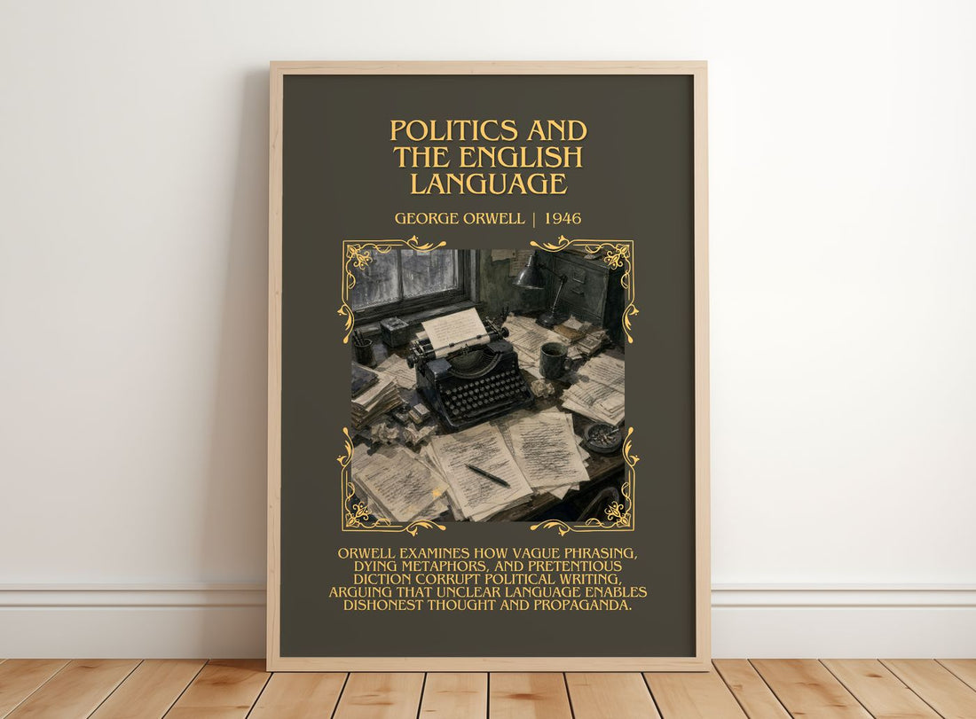 Politics And The English Language Minimalist Book Poster by G. Orwell – framed print leaning on a wooden floor