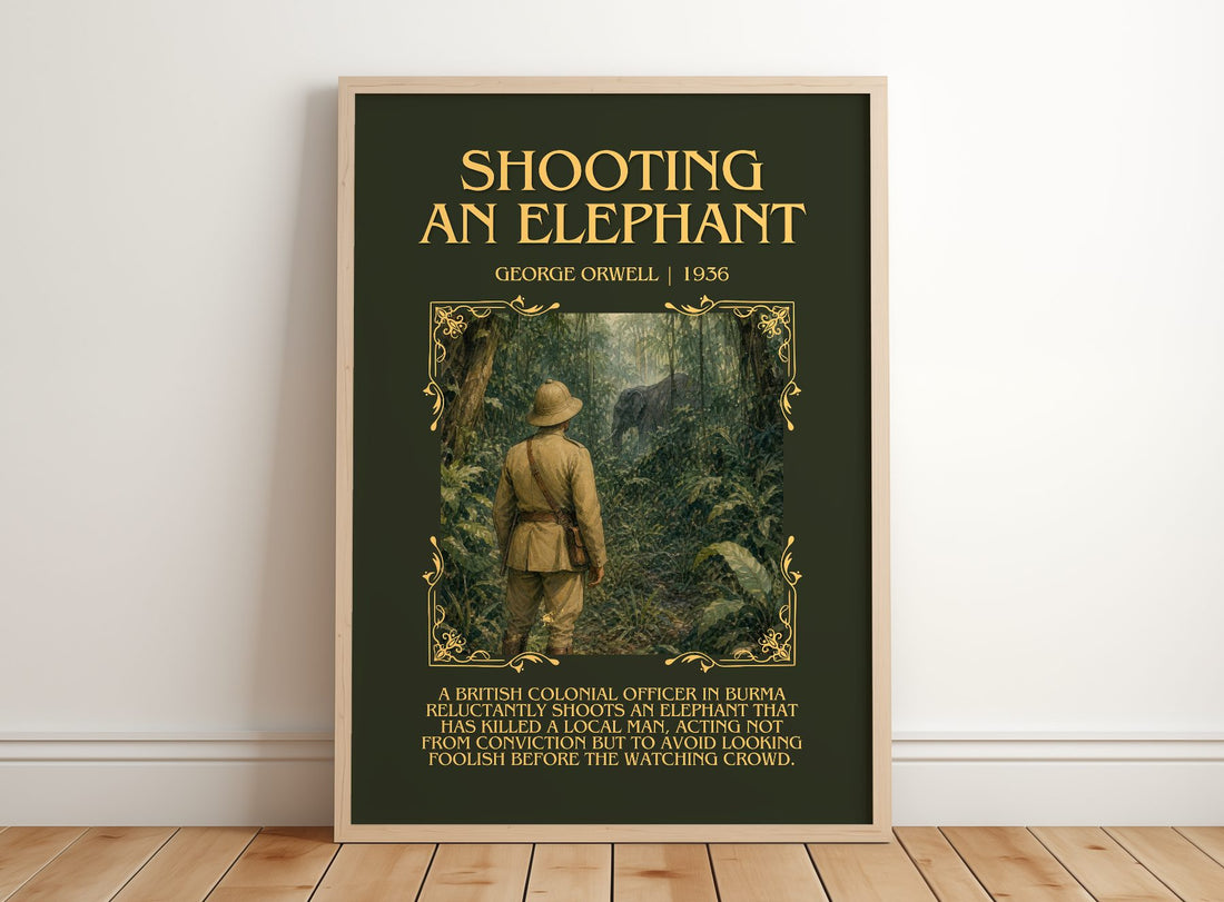 Shooting An Elephant Minimalist Book Poster by George Orwell – framed print leaning on a wooden floor