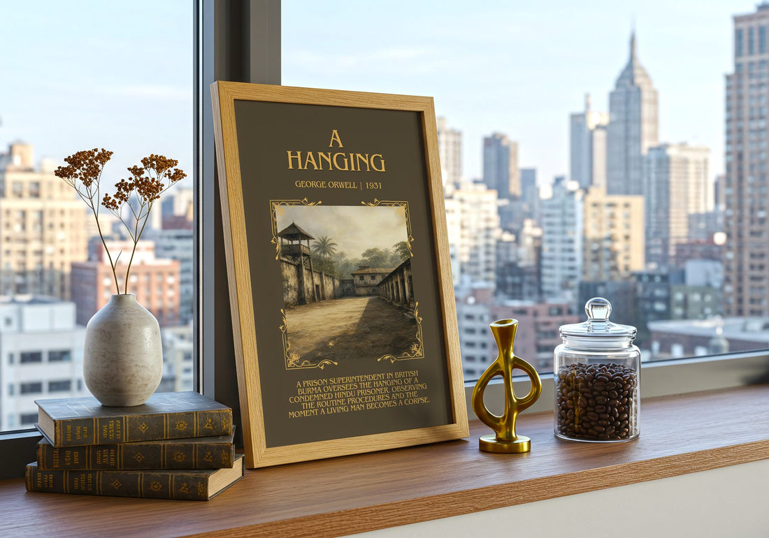 A Hanging Minimalist Book Poster by George Orwell – framed print on a city-view windowsill