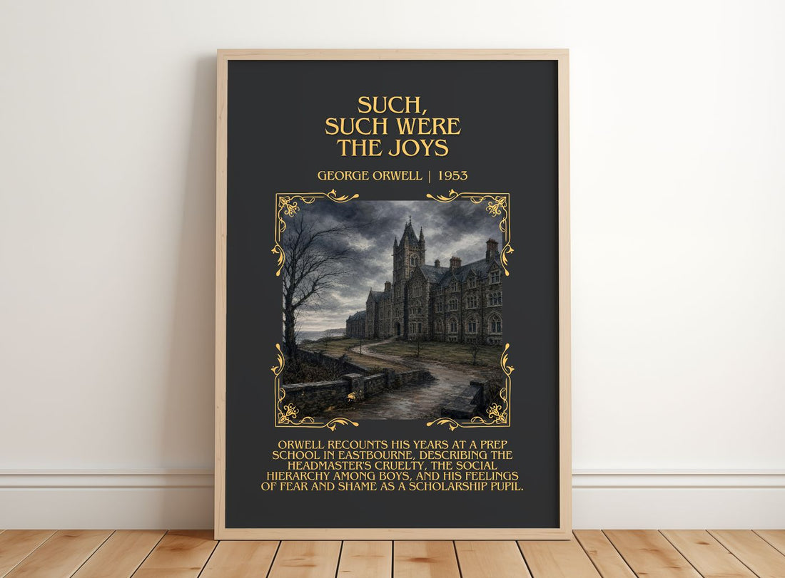 Such, Such Were The Joys Minimalist Book Poster by George Orwell – framed print leaning on a wooden floor