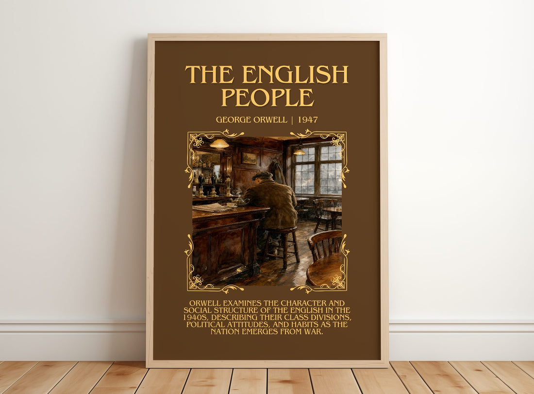 The English People Minimalist Book Poster by George Orwell – framed print leaning on a wooden floor