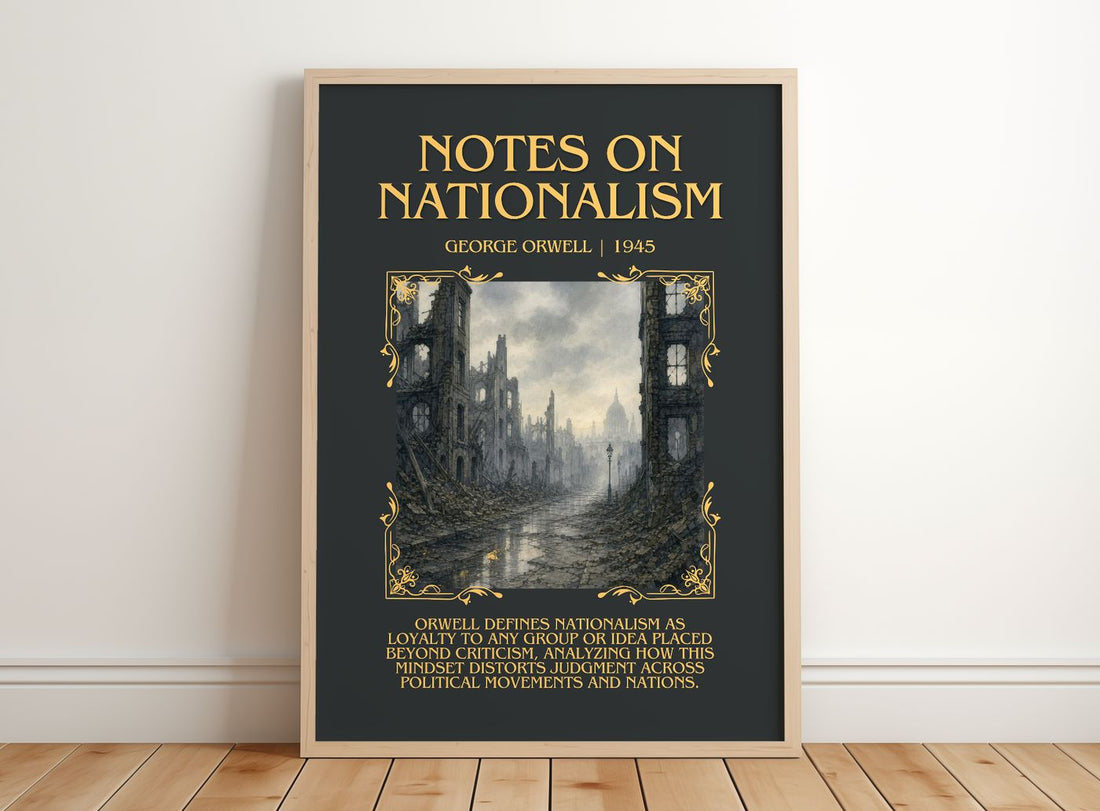 Notes On Nationalism Minimalist Book Poster by George Orwell – framed print leaning on a wooden floor