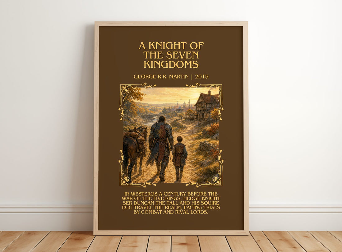 Knight Of The Seven Kingdoms Minimalist Book Poster by G. Martin – framed print leaning on a wooden floor