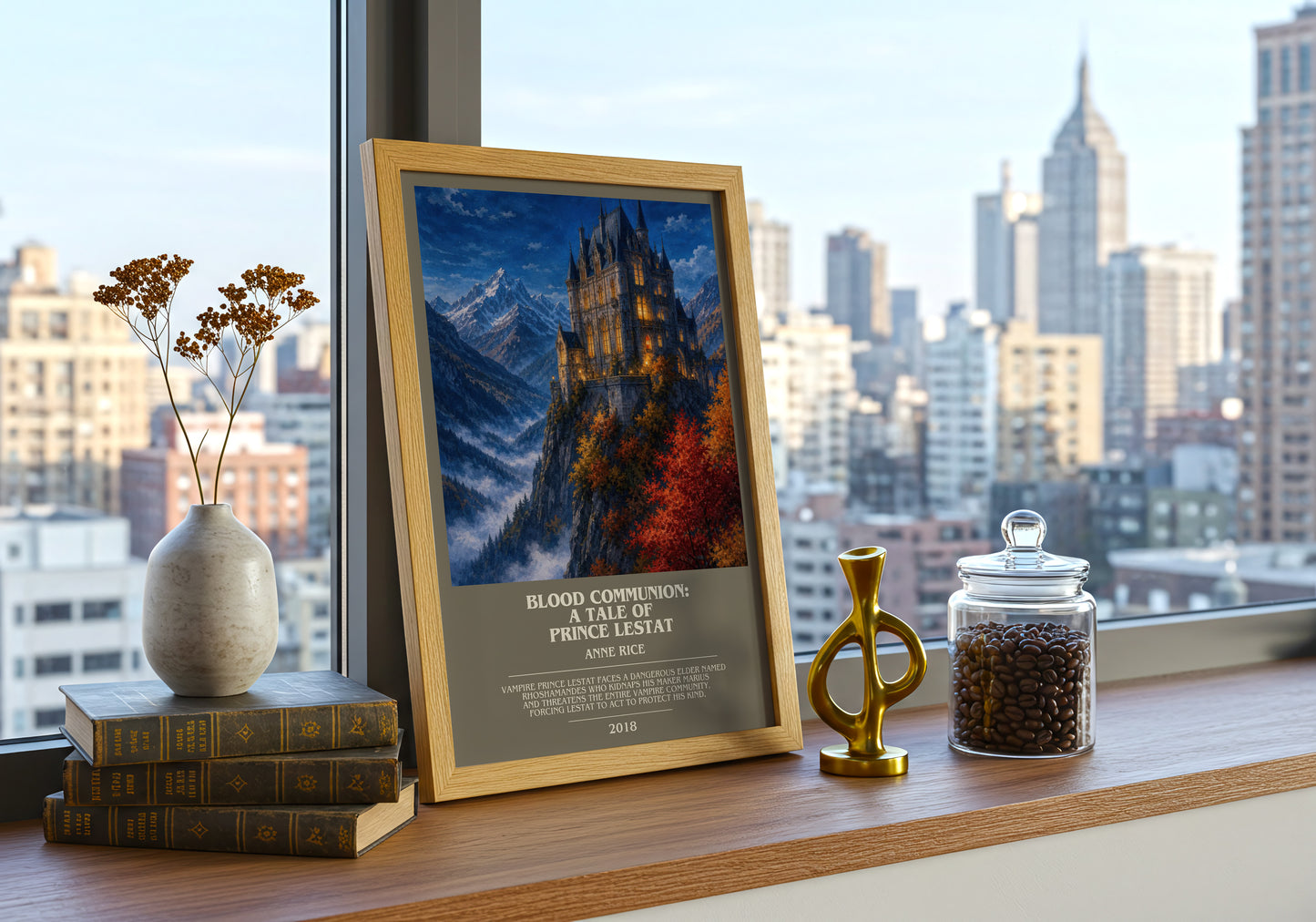 Blood Communion: A Tale Of Prince Lestat bookish print framed by window – literary home decor