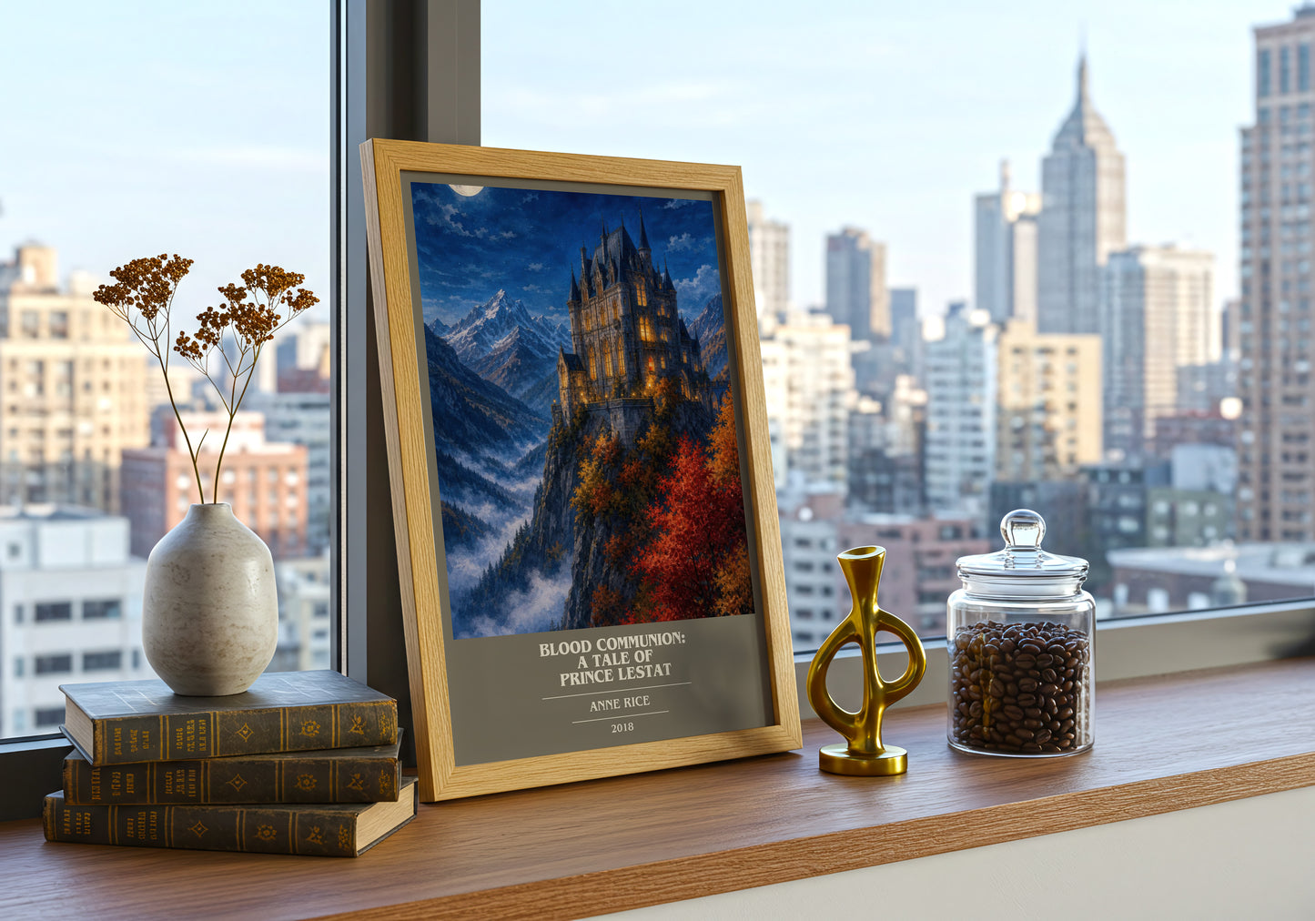 Blood Communion: A Tale Of Prince Lestat book cover print framed by window – literary home decor