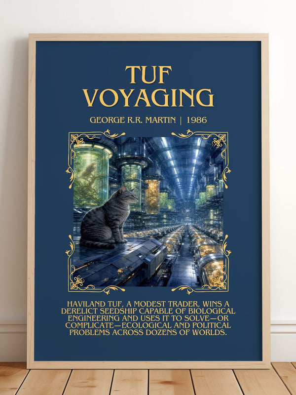 Tuf Voyaging Minimalist Book Poster by George R.R. Martin – framed print leaning on a wooden floor