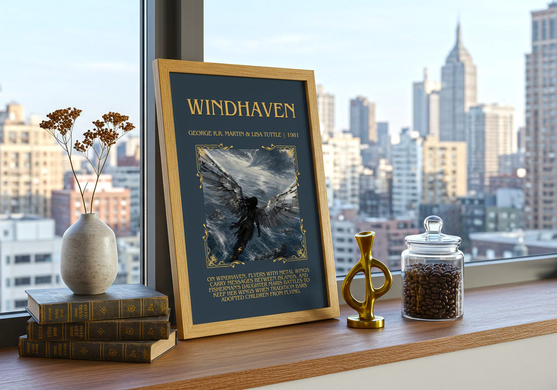 Windhaven Minimalist Book Poster by George R.R. Martin & Lisa Tuttle – framed print on a city-view windowsill