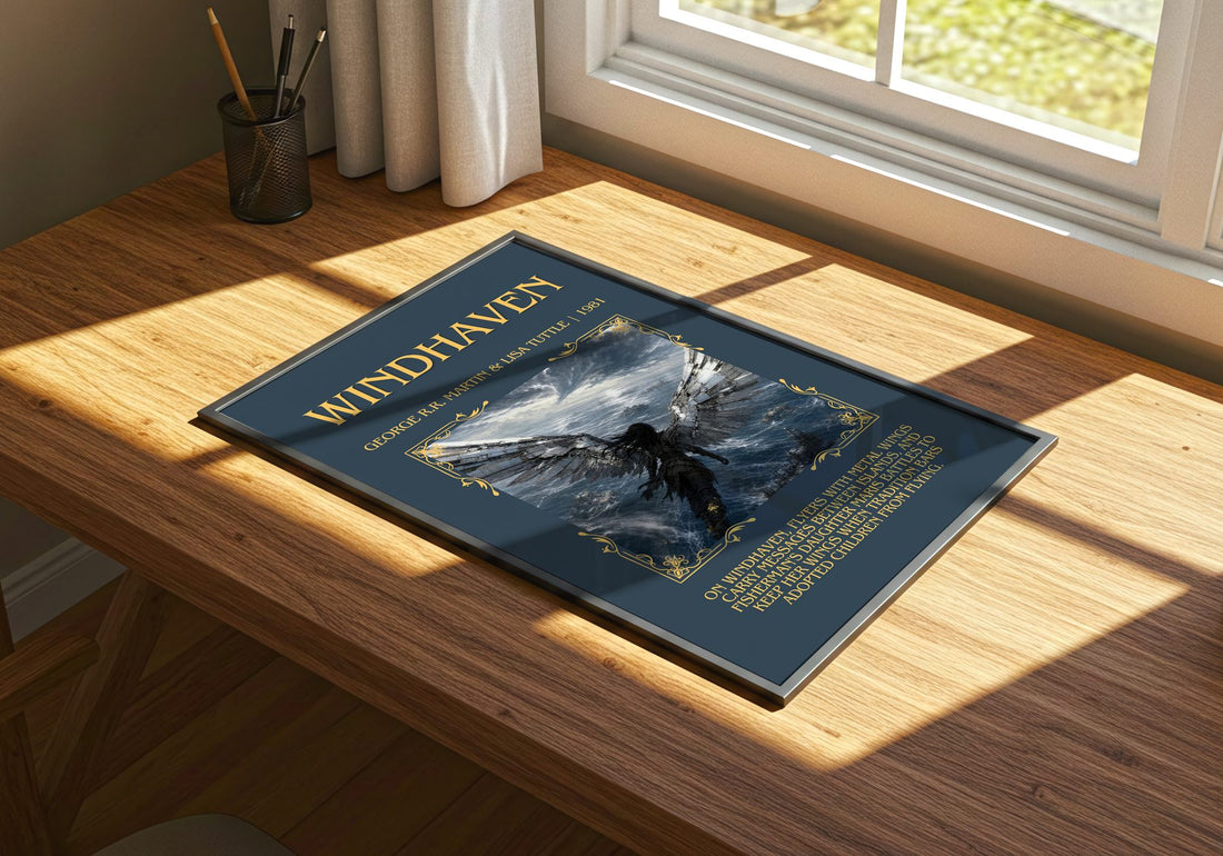 Windhaven Minimalist Book Poster by George R.R. Martin & Lisa Tuttle – print on a sunlit desk