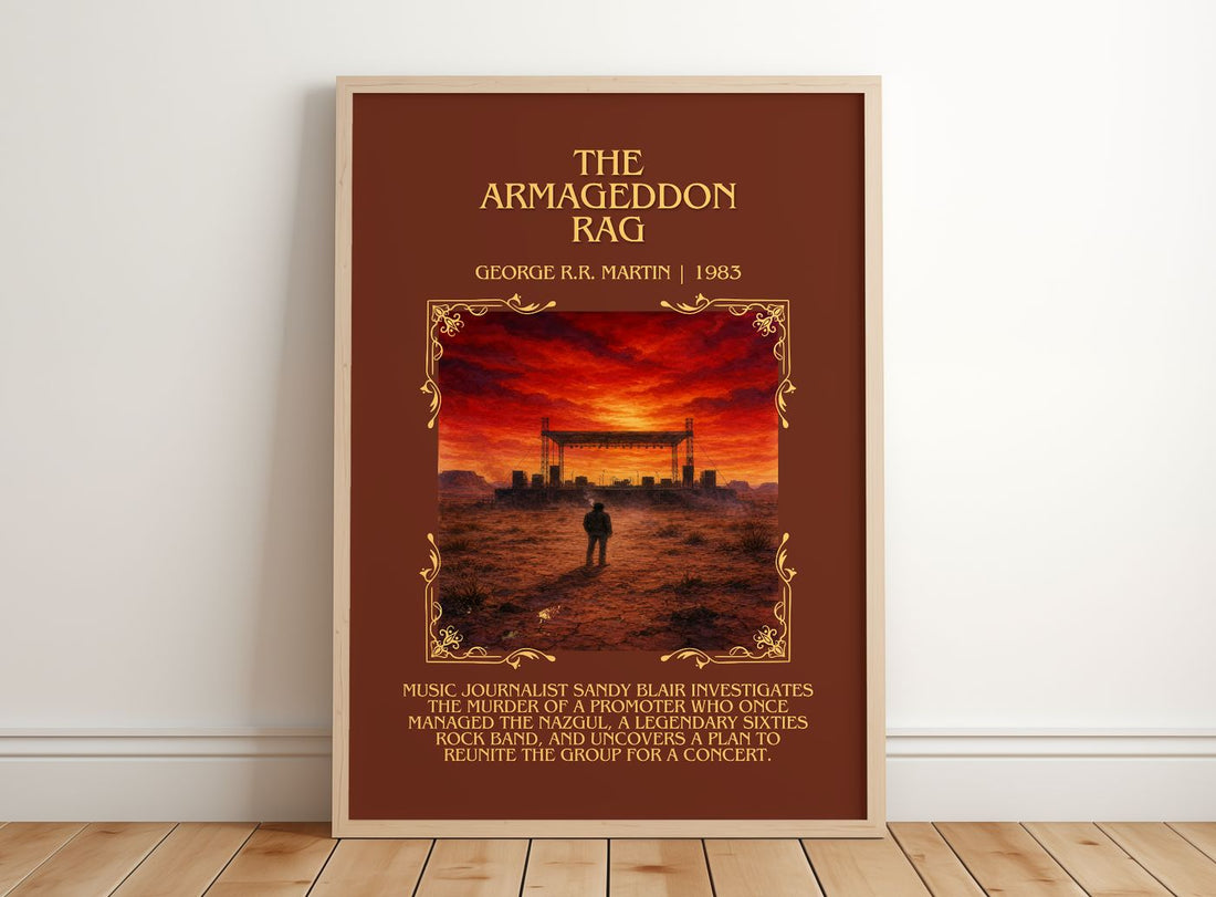The Armageddon Rag Minimalist Book Poster by George R.R. Martin – framed print leaning on a wooden floor