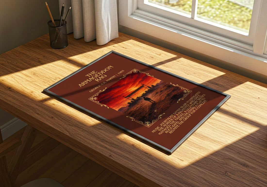 The Armageddon Rag Minimalist Book Poster by George R.R. Martin – print on a sunlit desk