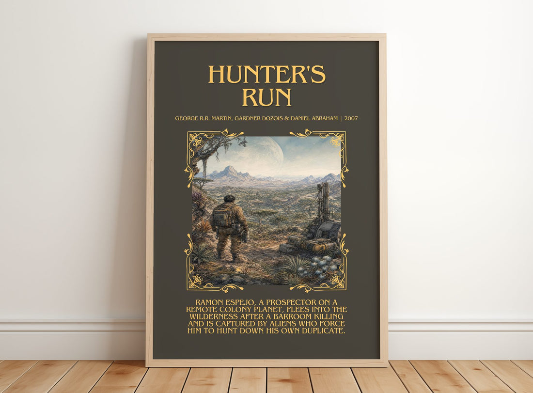 Hunter'S Run Minimalist Book Poster by G. Abraham – framed print leaning on a wooden floor