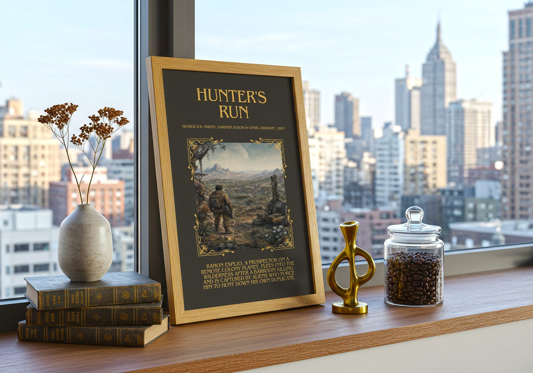 Hunter'S Run Minimalist Book Poster by G. Abraham – framed print on a city-view windowsill
