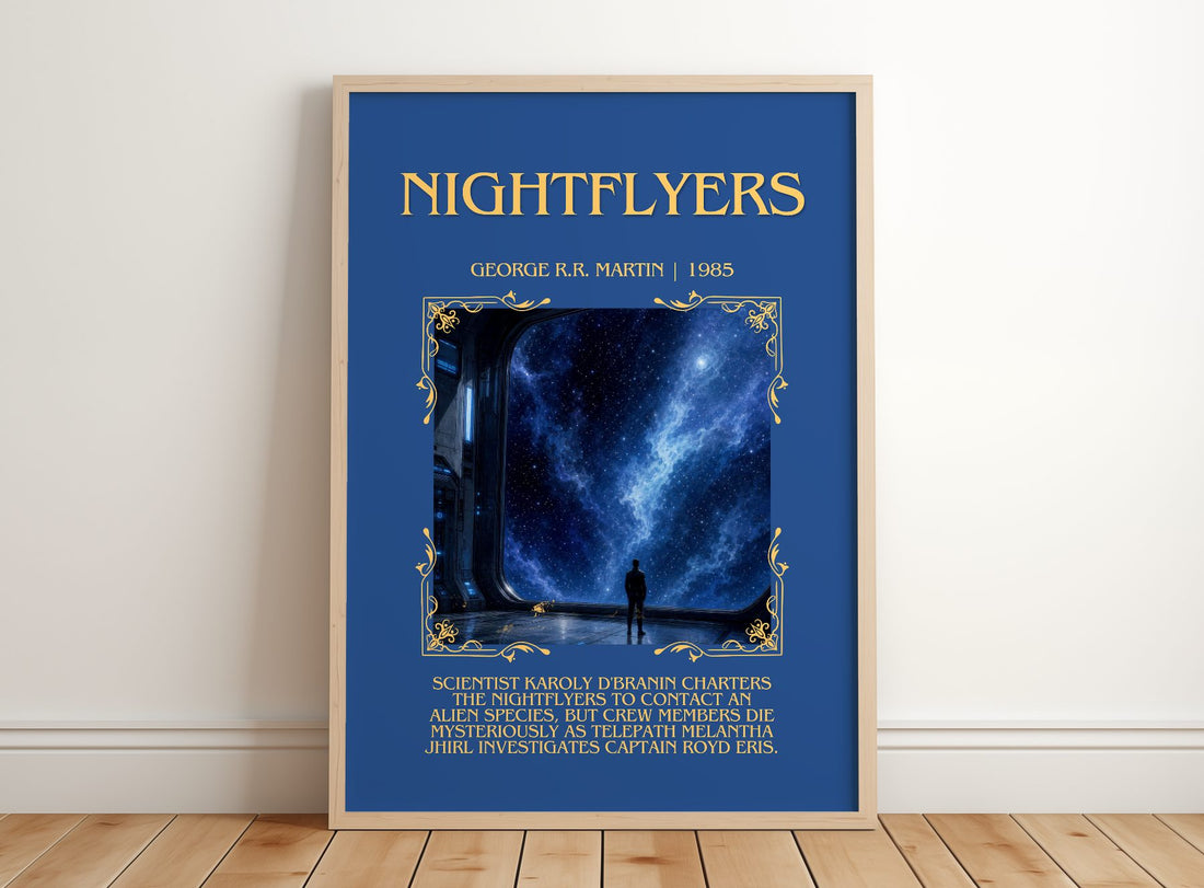 Nightflyers Minimalist Book Poster by George R.R. Martin – framed print leaning on a wooden floor