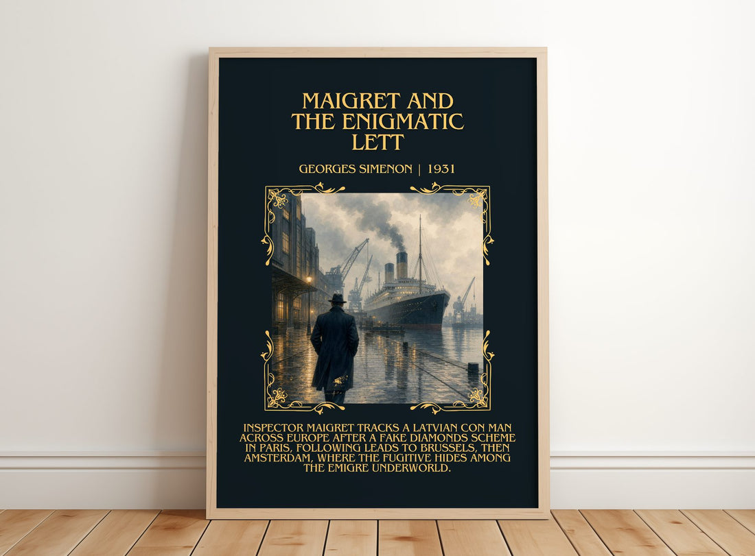 Maigret And The Enigmatic Lett Minimalist Book Poster by G. Simenon – framed print leaning on a wooden floor
