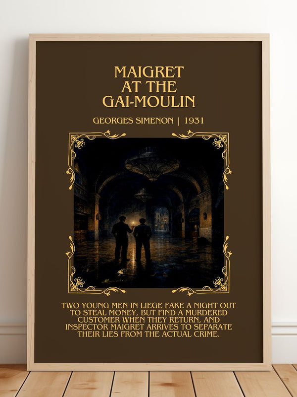 Maigret At The Gai-Moulin Minimalist Book Poster by Georges Simenon – framed print leaning on a wooden floor