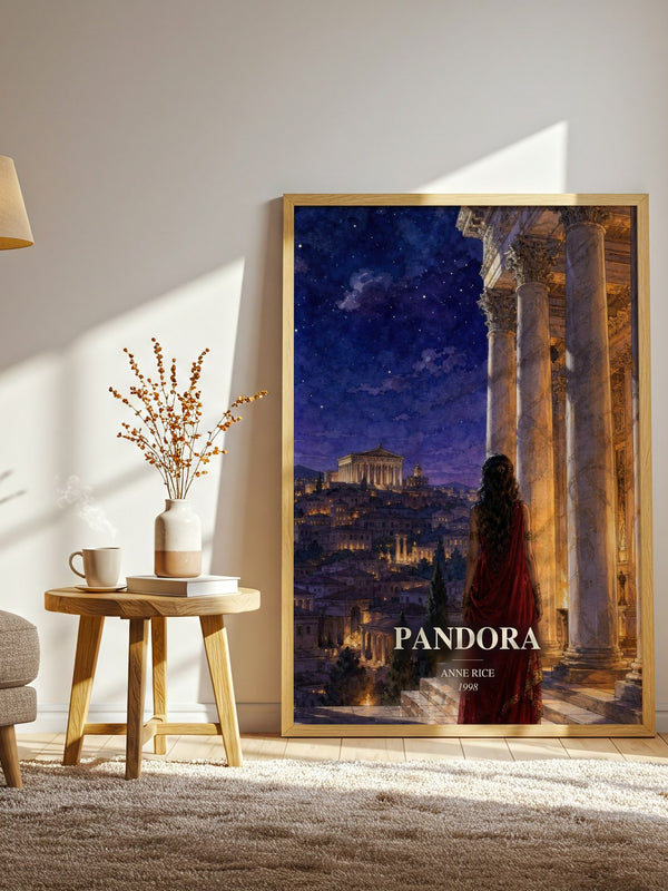 Pandora watercolour print in frame leaning in hallway – horror wall art