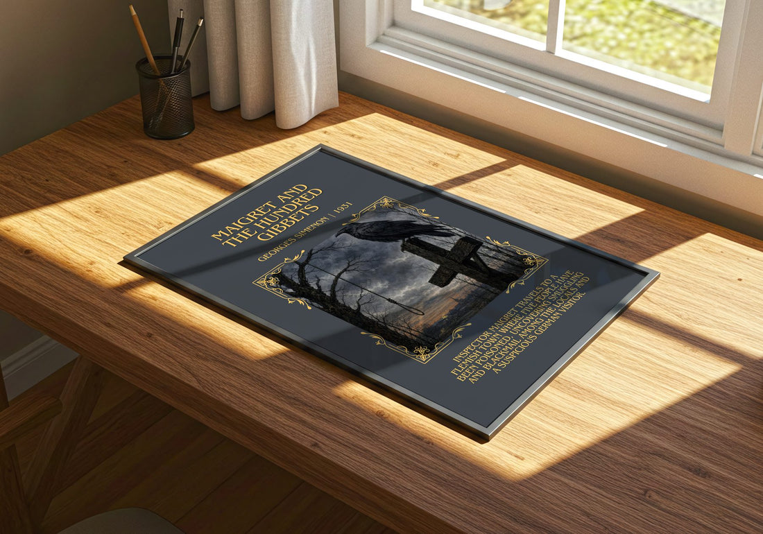 Maigret And The Hundred Gibbets Minimalist Book Poster by G. Simenon – print on a sunlit desk