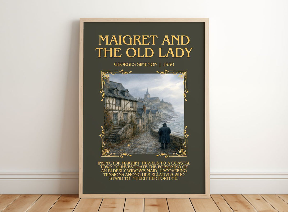 Maigret And The Old Lady Minimalist Book Poster by Georges Simenon – framed print leaning on a wooden floor