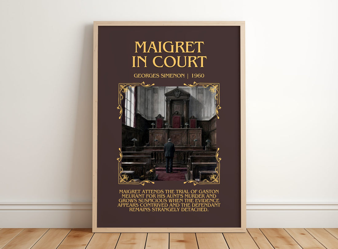 Maigret In Court Minimalist Book Poster by Georges Simenon – framed print leaning on a wooden floor