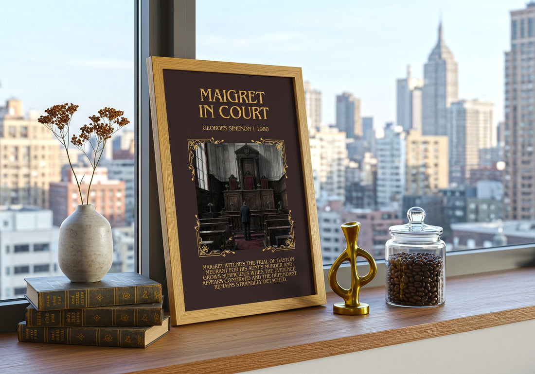 Maigret In Court Minimalist Book Poster by Georges Simenon – framed print on a city-view windowsill