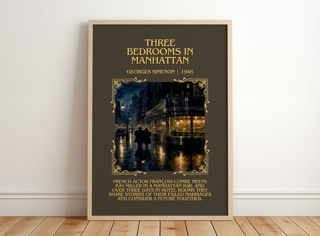 Three Bedrooms In Manhattan Minimalist Book Poster by Georges Simenon – framed print leaning on a wooden floor