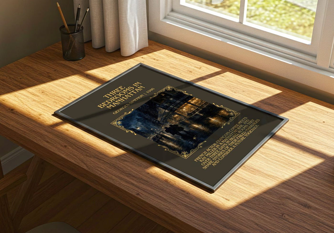 Three Bedrooms In Manhattan Minimalist Book Poster by Georges Simenon – print on a sunlit desk