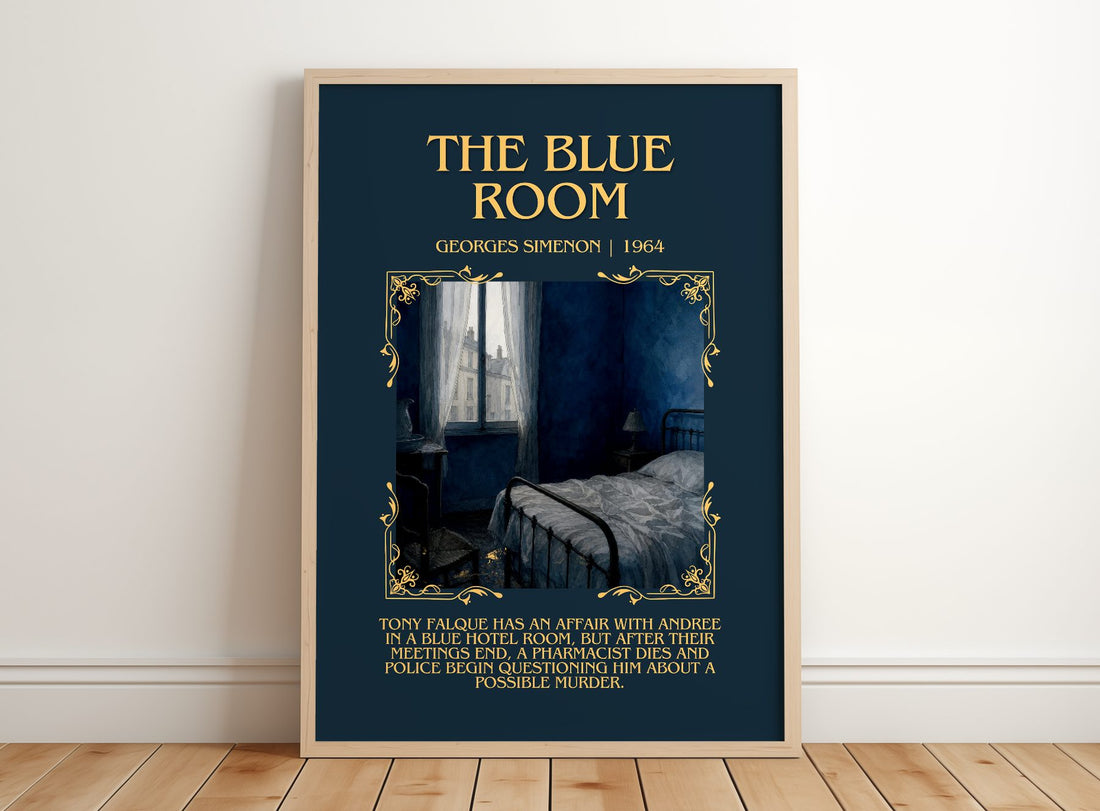 The Blue Room Minimalist Book Poster by Georges Simenon – framed print leaning on a wooden floor