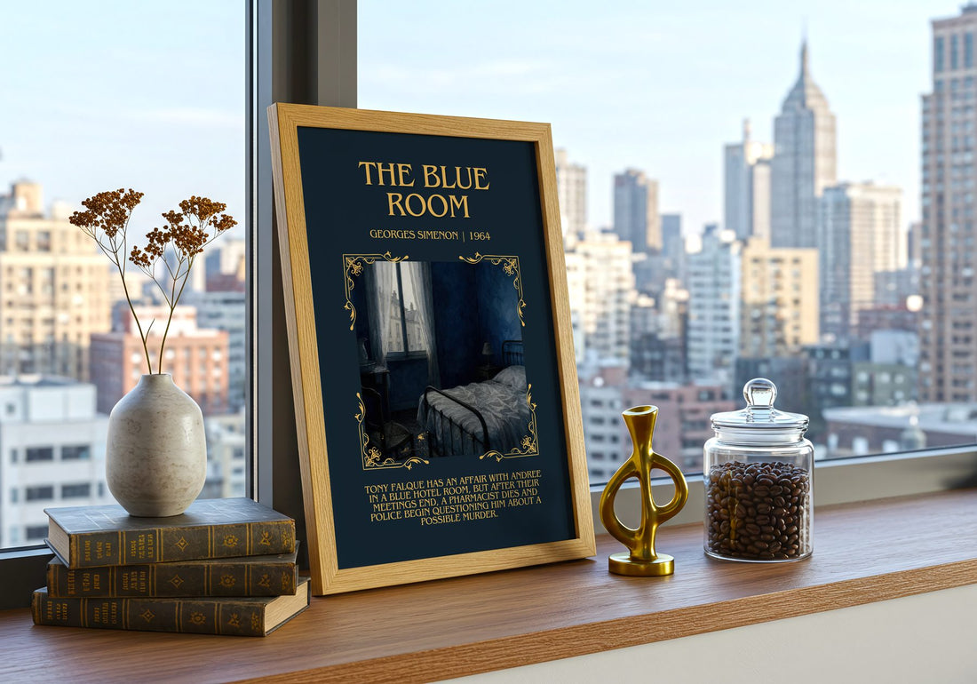 The Blue Room Minimalist Book Poster by Georges Simenon – framed print on a city-view windowsill