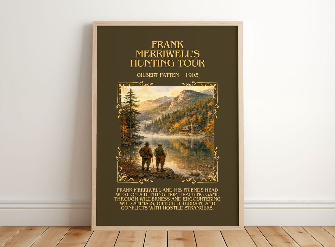 Frank Merriwell'S Hunting Tour Minimalist Book Poster by G. Patten – framed print leaning on a wooden floor