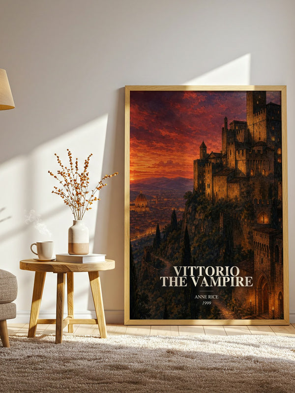 Vittorio The Vampire watercolour print in frame leaning in hallway – horror wall art