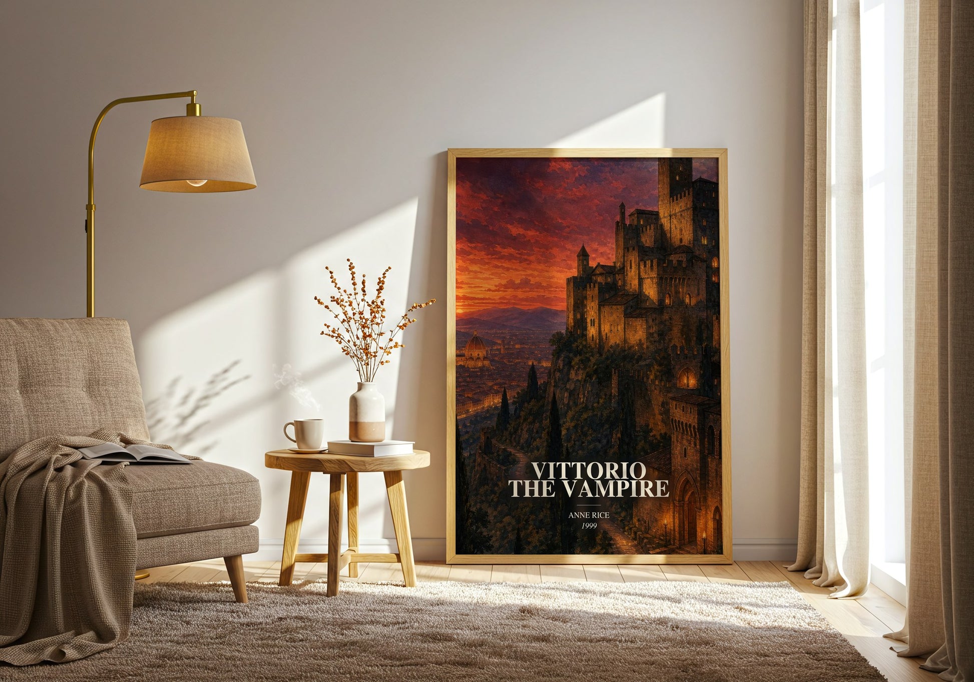 Vittorio The Vampire watercolour print in frame leaning in hallway – horror wall art