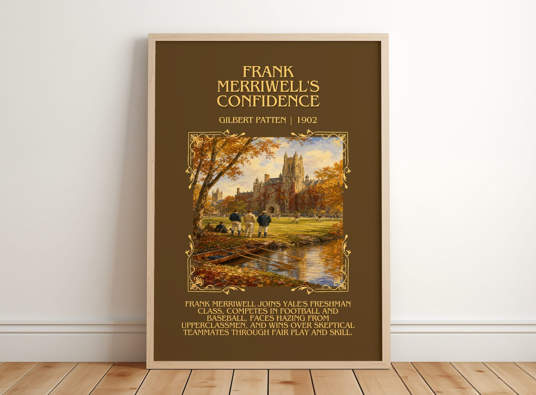Frank Merriwell'S Confidence Minimalist Book Poster by Gilbert Patten – framed print leaning on a wooden floor