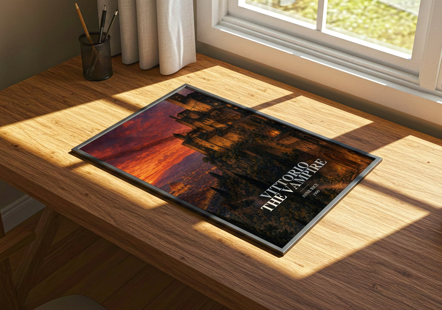 Vittorio The Vampire watercolour book poster framed on wall – horror wall art