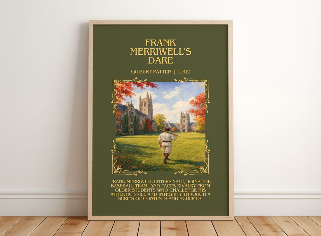 Frank Merriwell'S Dare Minimalist Book Poster by Gilbert Patten – framed print leaning on a wooden floor