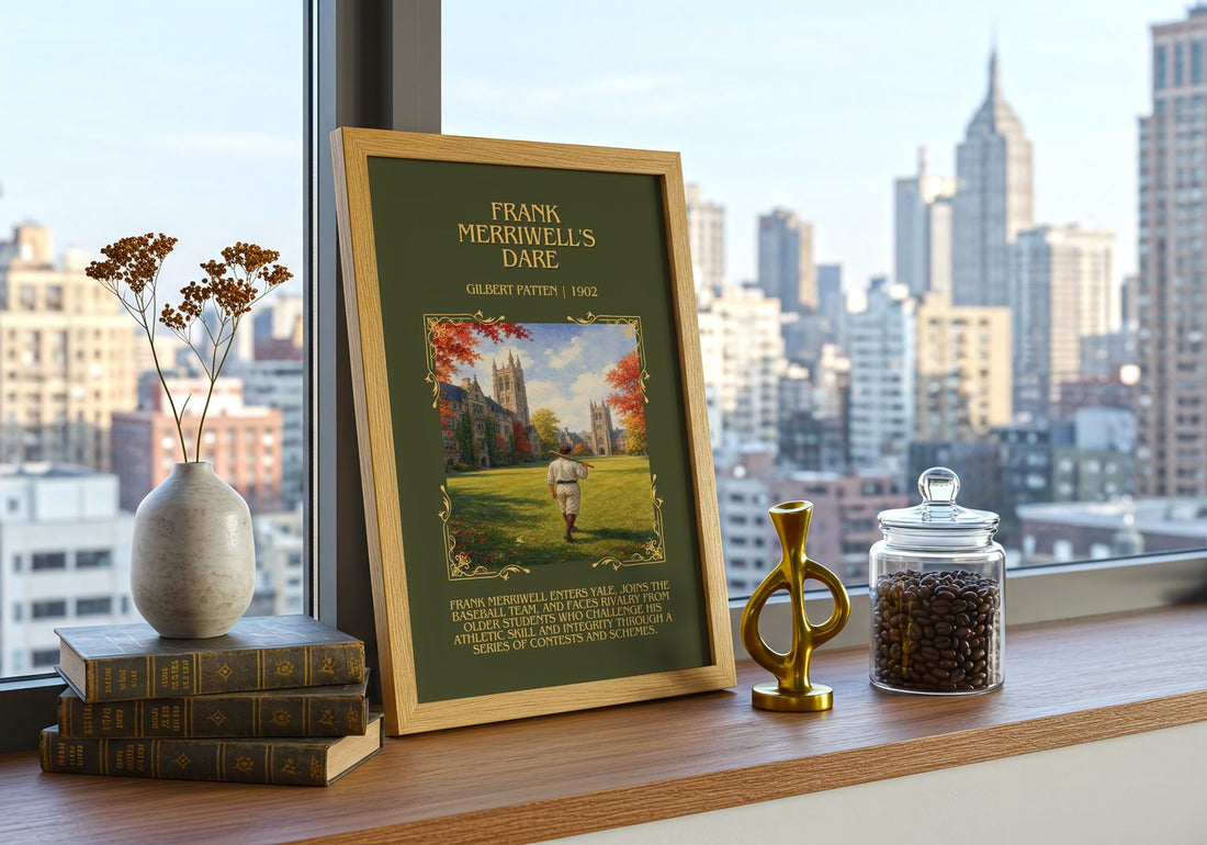 Frank Merriwell'S Dare Minimalist Book Poster by Gilbert Patten – framed print on a city-view windowsill